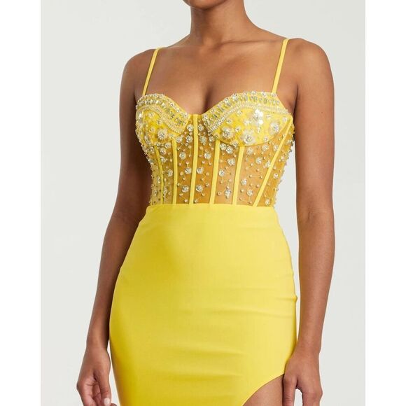 NWT MAC DUGGAL Yellow Spaghetti Strap Beaded Sheer Bodice Gown with Slit Size Sm - Picture 5 of 16